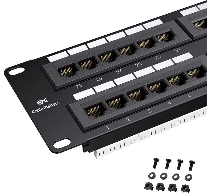 48-Port 10Gbps Cat6 Patch Panel (2U) — 19" Rack/Wall RJ45